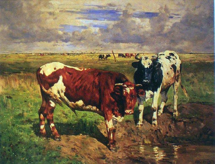 unknow artist Young bulls at a watering place oil painting picture